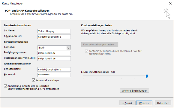 1&1 IMAP E-Mail-Konto in Outlook