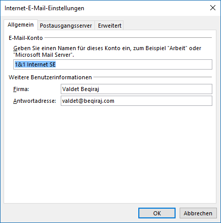 1&1 IMAP E-Mail-Konto in Outlook