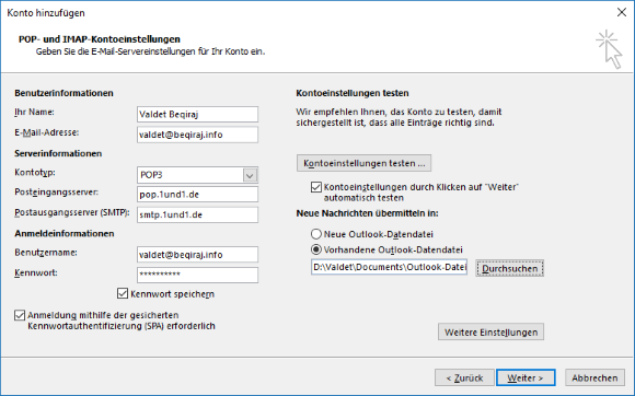 1&1 POP3 E-Mail-Konto in Outlook