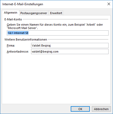 1&1 POP3 E-Mail-Konto in Outlook