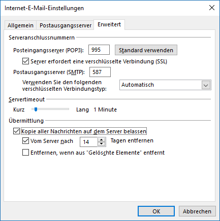 1&1 POP3 E-Mail-Konto in Outlook