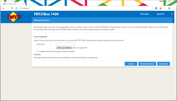 FRITZ!Box-Einstellungen wiederherstellen