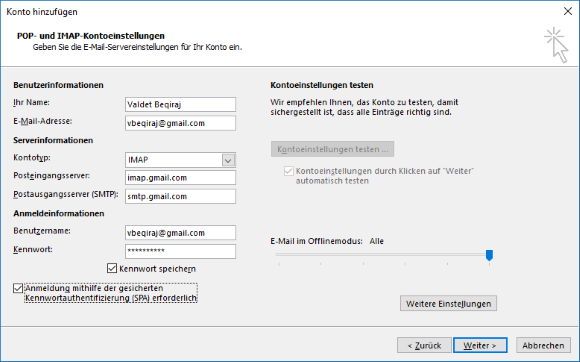 Gmail IMAP E-Mail-Konto in Outlook