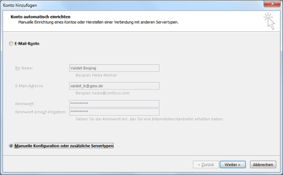 GMX E-Mail-Konto in Outlook hinzufügen