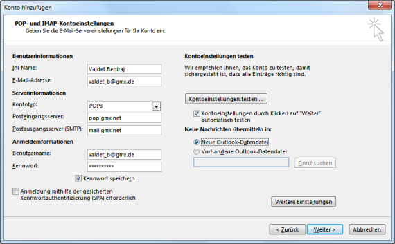 GMX E-Mail-Konto in Outlook hinzufügen