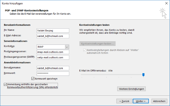 Hotmail IMAP E-Mail-Konto in Outlook