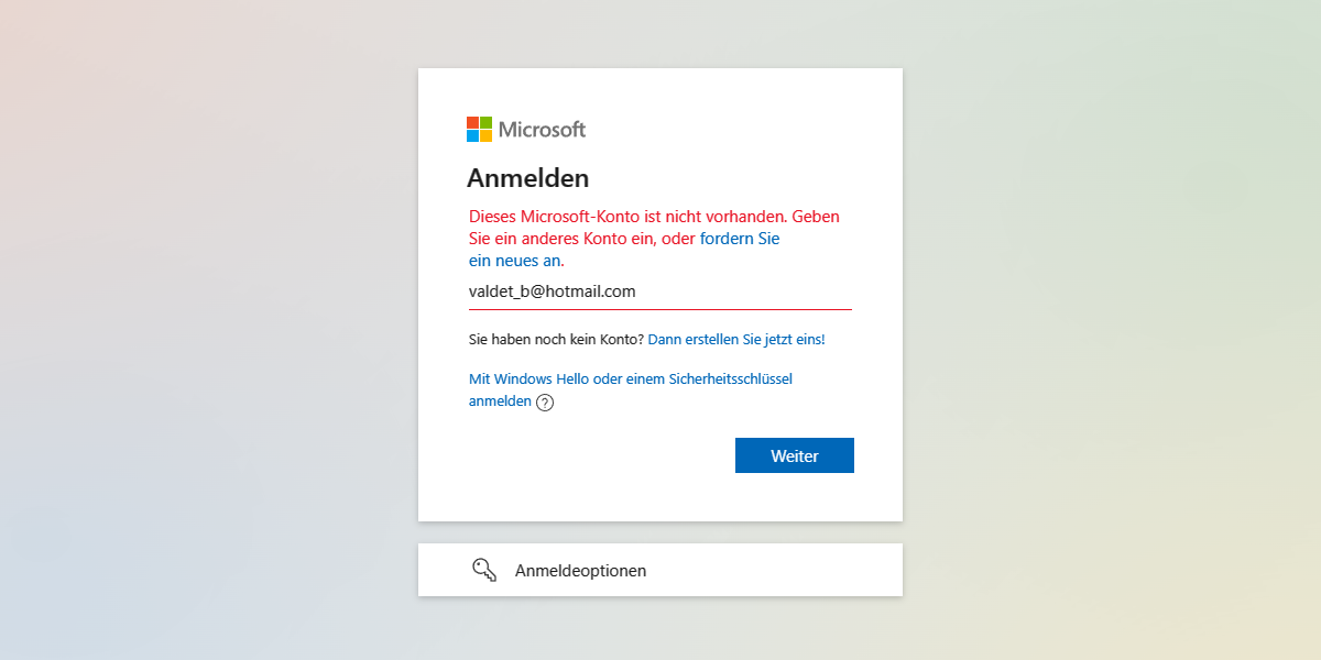 Dieses Microsoft-Konto ist nicht vorhanden