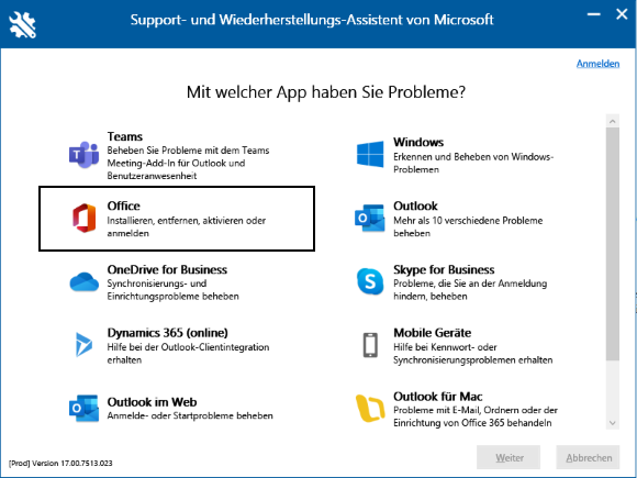 Microsoft Support- und Wiederherstellungs-Assistent für Office 365