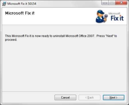 Dieses Microsoft Fix it ist jetzt für die Deinstallation von Microsoft Office 2007 bereit. Klicken sie auf "Weiter" um fortzufahren.