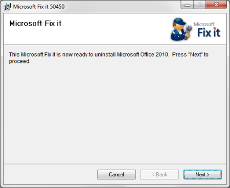 Dieses Microsoft Fix it ist jetzt für die Deinstallation von Microsoft Office 2010 bereit. Klicken sie auf "Weiter" um fortzufahren.