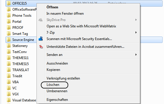 Office 2013 Source Engine löschen