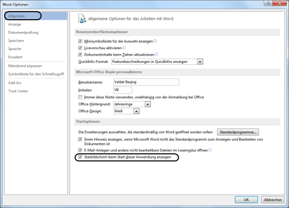 Office 2013 Startbildschirm deaktivieren