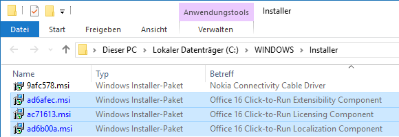 Windows Installer-Pakete von Office 2016 Entfernen