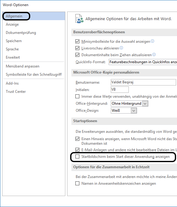 Office 2016 Startbildschirm deaktivieren