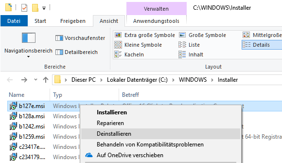 Windows Installer-Pakete von Office 2019 Entfernen