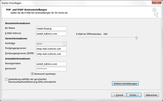 Outlook.com IMAP E-Mail-Konto in Outlook hinzufügen