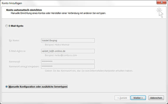 T-Online E-Mail-Konto in Outlook 2013 hinzufügen