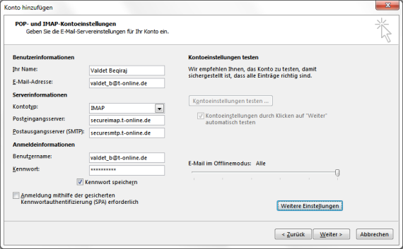 T-Online E-Mail-Konto in Outlook 2013 hinzufügen