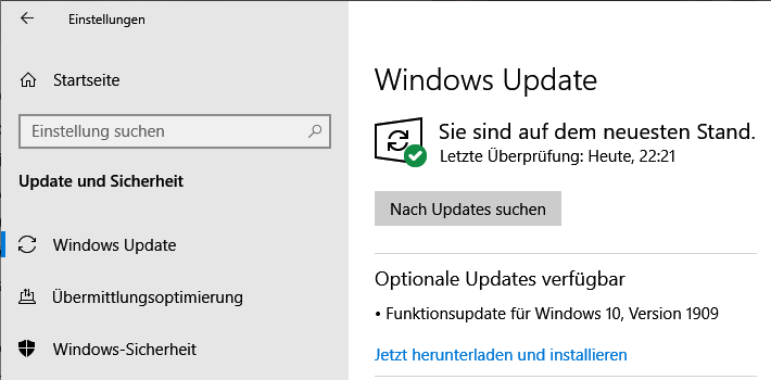 Funktionsupdate für Windows 10 Version 1909